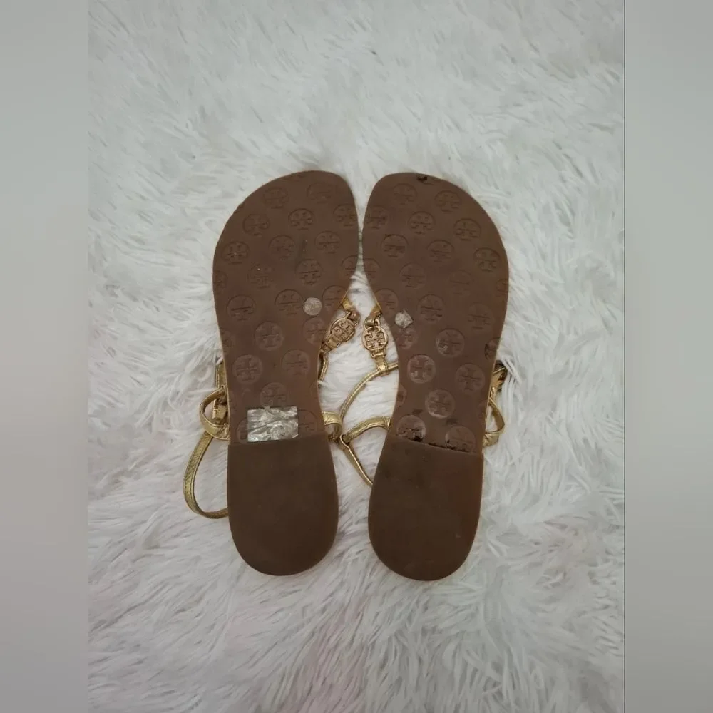 Tory Burch Designer Emmy Metallic Strappy Gold Women's Leather Sandals 6